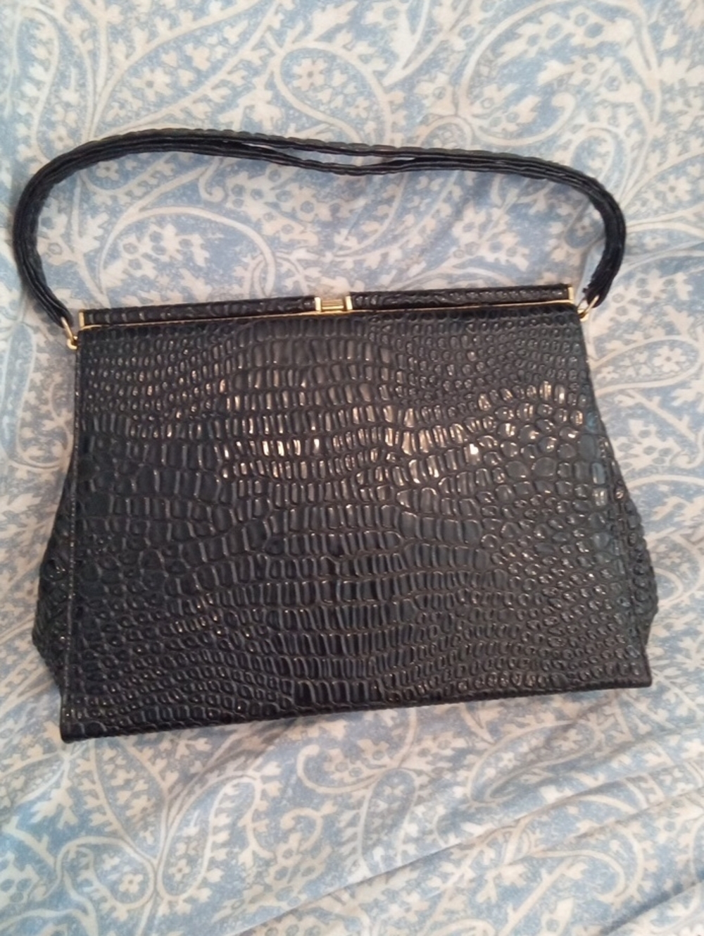 Authentic 1960's Faux Crocodile Structered Black Bag Red Lining Kelly Style